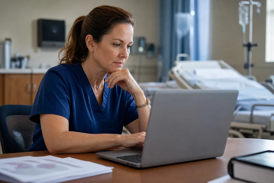 Nursing instructor reviewing lecture slides on a laptop in a simulation lab office