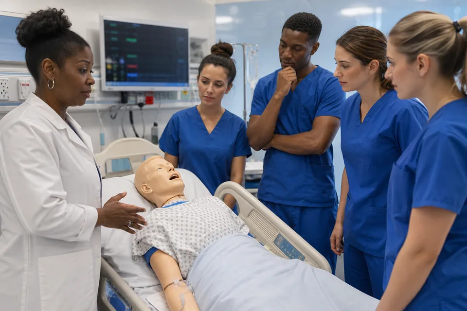 Nursing instructor and trainees in scrubs around a patient simulator manikin in a simulation lab