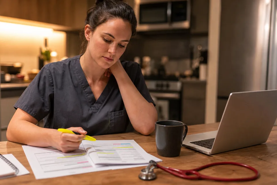 Nursing learner in scrubs practicing questions on a laptop at a kitchen table with highlighted pharmacology notes