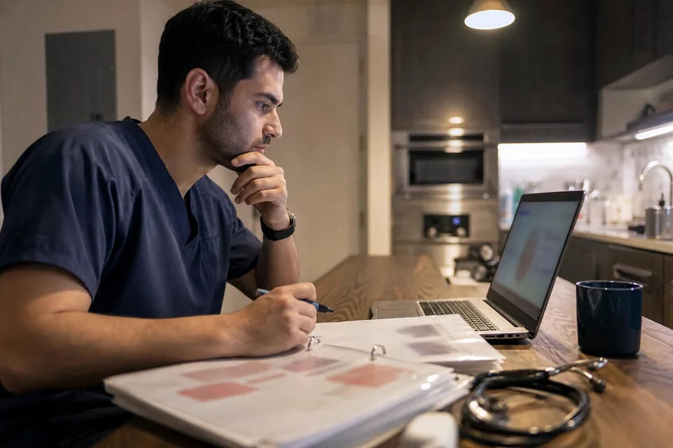 Future physician assistant studying cardiology lecture notes with a laptop and a stethoscope at a kitchen table