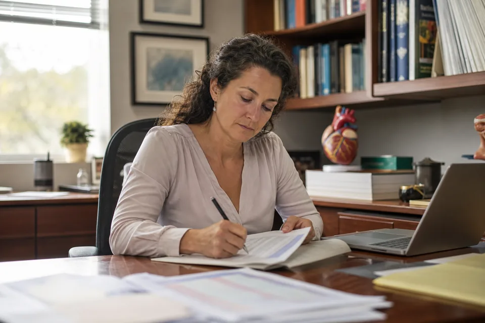 Physician assistant program faculty member editing a printed exam draft at a desk with an anatomical heart model on the shelf