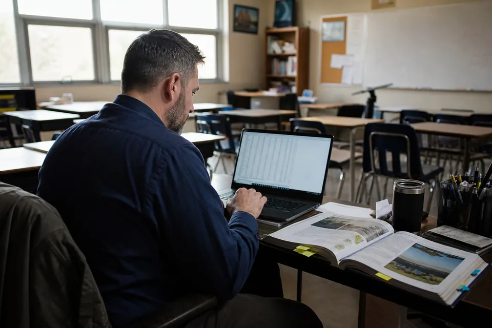 Teacher at a classroom desk filling a spreadsheet next to a printed textbook chapter