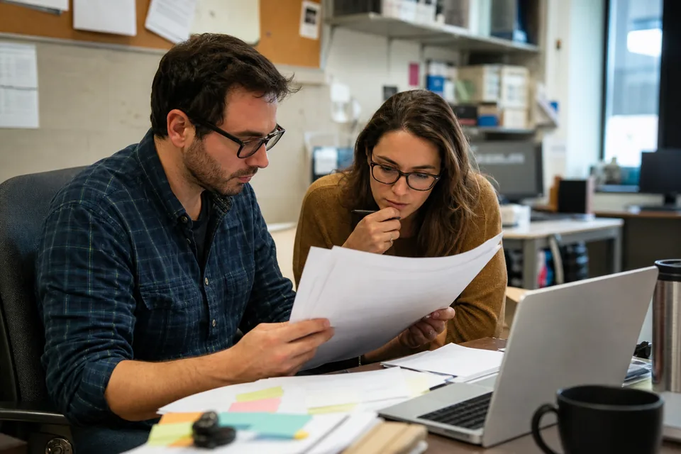 Two instructional designers in a faculty workroom reviewing printed exam pages next to a laptop