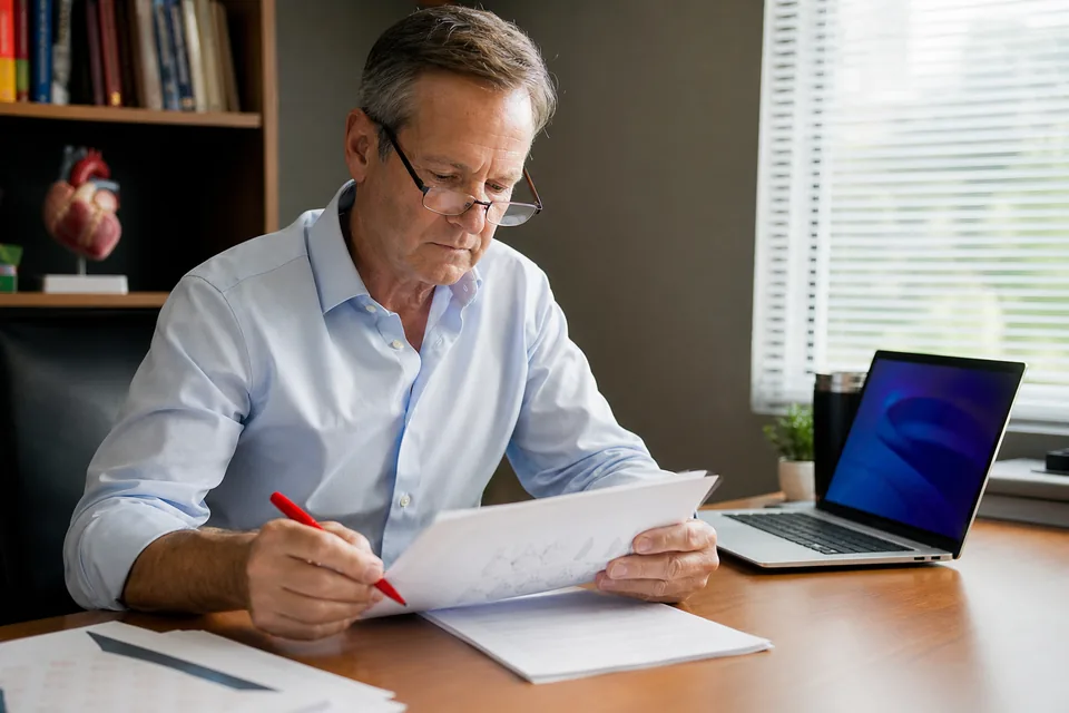 Medical school course director reviewing a printed exam draft with a red pen in a faculty office