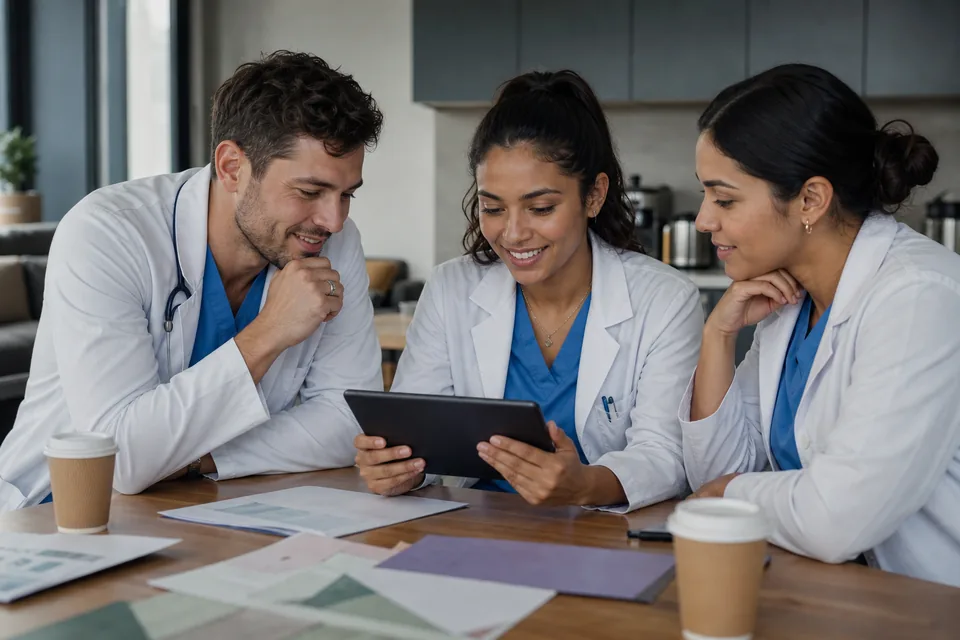 Three medical trainees in white coats quizzing each other from a tablet in a hospital break room